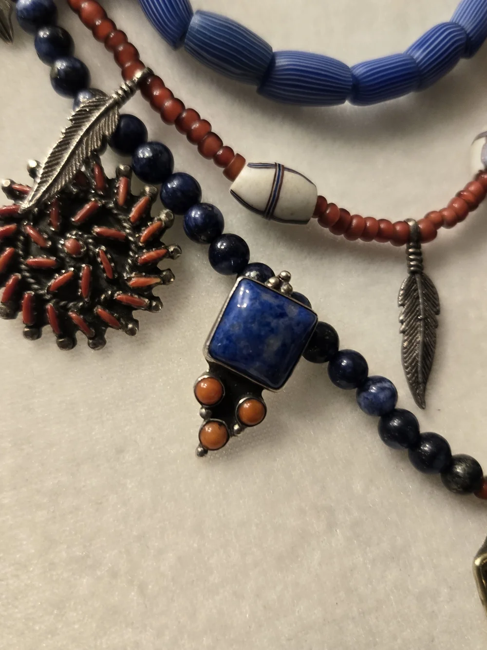 Vintage 925 Tasco Layered Blue & Coral Beaded Cross Necklace - Unbranded